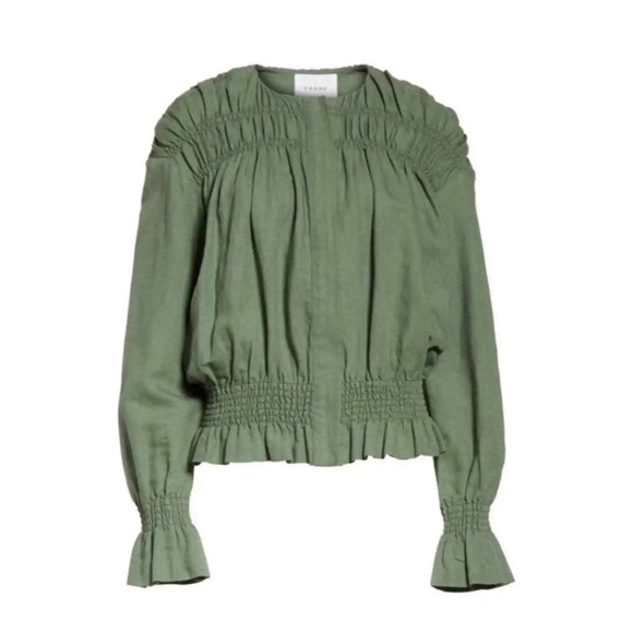 FRAME Denim Army Green Smocked Linen Bomber Jacket Size L - Picture 3 of 7